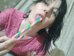 She Sucks a Lollipop and Shoves it in her Hairy Pussy GinnaGg