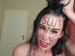 Self Degrading Slut Gags herself and self Face Slapping with Dirty Talk