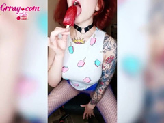 Redhead Dances, Spanking Ass and Suck Dildo to the Music