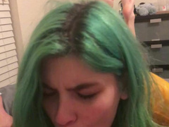 Green Hair Girl Gives Blowjob With Feet Showing