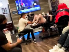 Busty latina squirts while getting pussy tattoo done