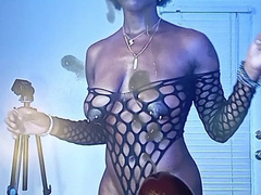 Perfect body ebony in fishnet lingerie Cum Tribute