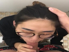 Chinese teen nerd with glasses bathroom blowjob