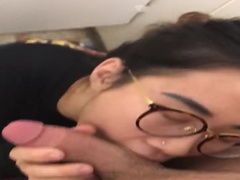 Chinese teen nerd with glasses bathroom blowjob