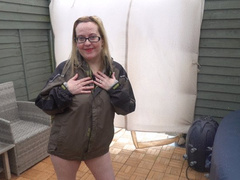 Naked outdoors in wellingtons and coat in the freezing cold Flashing tits and Ass