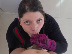 Blowjob and handjob with pink wool gloves
