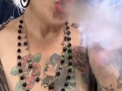 Red Marlboro - Deep Inhales, Double pumps, Puffs, Nose exhales, Cough, Smoke rings - Beautiful dress, with beautiful neckline, Red lipstick, Long nails