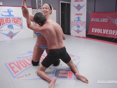 Huge boobs Alura Jenson kicks balls and dominates in nude wrestling match