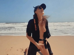 Girl (me) Fingering Shaved Pussy on the Seashore beach, Public Outdoor, Solo Mastirbation