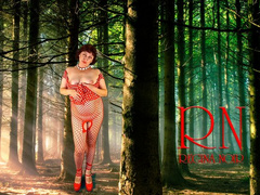 Pin-up lady posing in the forest She shows her tits and pussy Mesh tights Special effect