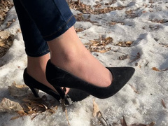 girl in high heels cannot climb a mountain, her heels slip too much