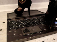Hard laptop crush in fishnet stockings and black strappy high heel stilettos