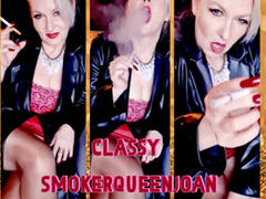 Classy SmokerQueenJoan in Leather, shiny Pantyhose and long red Nails
