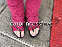 Slow motion walking in the rain, legwarmers, toe socks, flip flops tease, Hungarian size 9 milf feet