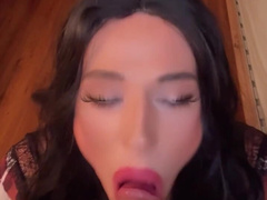 Sissy plays with her giant dildo and ends up cumming on her own face