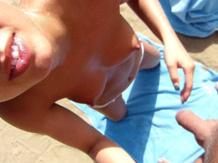 HOT YOUNG BLONDE BABE DEEPTHROAT AND BLOWJOB SUCKS STRANGERS ON BEACH!