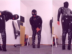 633 Worship Latex Goddess shiny body in a black latex catsuit, a black mask, shiny thigh high boots with stiletto heel, middle finger, verbal humiliation, mind fuck