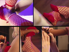Use huge dildo for footjob, blowjob and hot fuck ! Fishnets and horny blonde for your cock !