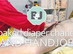 Soaked diaper change and handjob