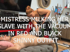 MISTRESS MILKING HER SLAVE WITH THE VACUUM IN RED AND BLACK SHINNY LEATHER POV 2