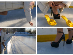PREMIERE: Emily walks on sexy high heels on very slippery ice and fells very painfully