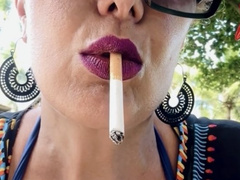 Red Marlboro 100s - Enjoying my vacation and filling my lungs - Deep Inhales, Dangling, Cough, Nose exhales, Sunglasses, Bikini, Purple lipstick, Long nails
