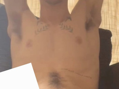 Skinny friendly tatted guy dirty talking and cumming