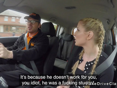 Pigtailed busty blonde bangs driving instructor