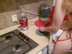 Sexy blonde cooking and waiting for her horny man from work