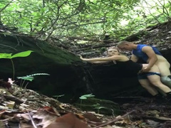 Slut bends over in nature trail doggy store for a quick nut