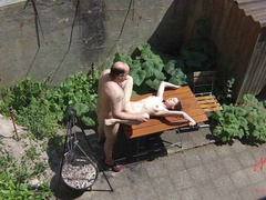 Voyeurs filming teen bitch fucking with old janitors on the terrace