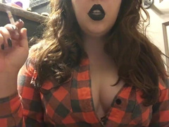 Chubby Goth Teen with Big Perky Natural Tits Smoking in Black Lipstick
