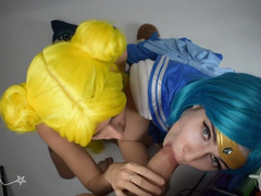 Riley Vega and friend cosplay give a double blowjob